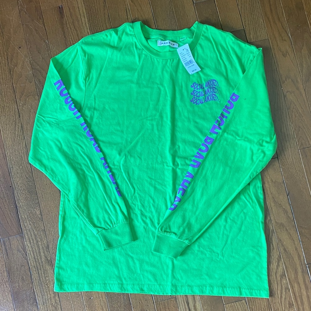 NWT $28 social anxiety Green Long Sleeve Shirt with Purple Accents